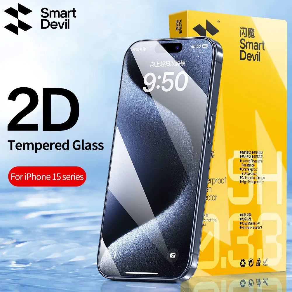 Smart Devil 2D tempered glass screen protector for iPhone 15 series with packaging on a blue water background