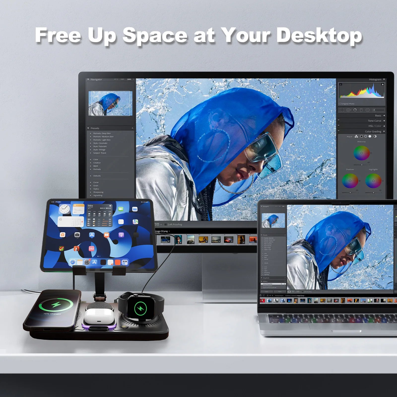 Desk setup with multiple monitors, a smartphone, and a smartwatch with text 'Free Up Space at Your Desktop'.