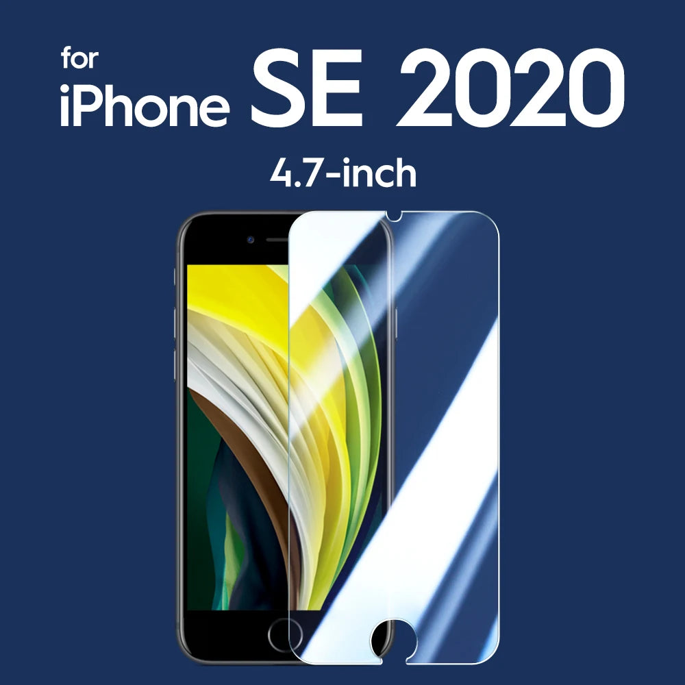 Screen protector for iPhone SE 2020 with phone image on a blue background