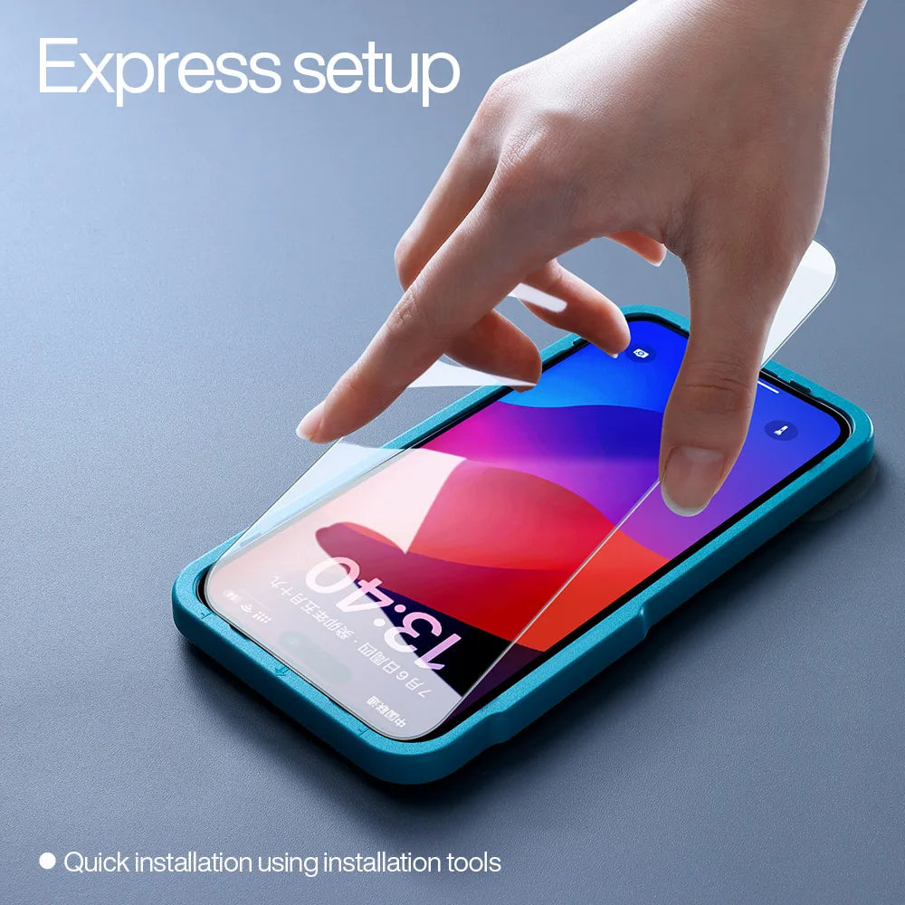Hand placing a screen protector on a smartphone with 'Express setup' text above.