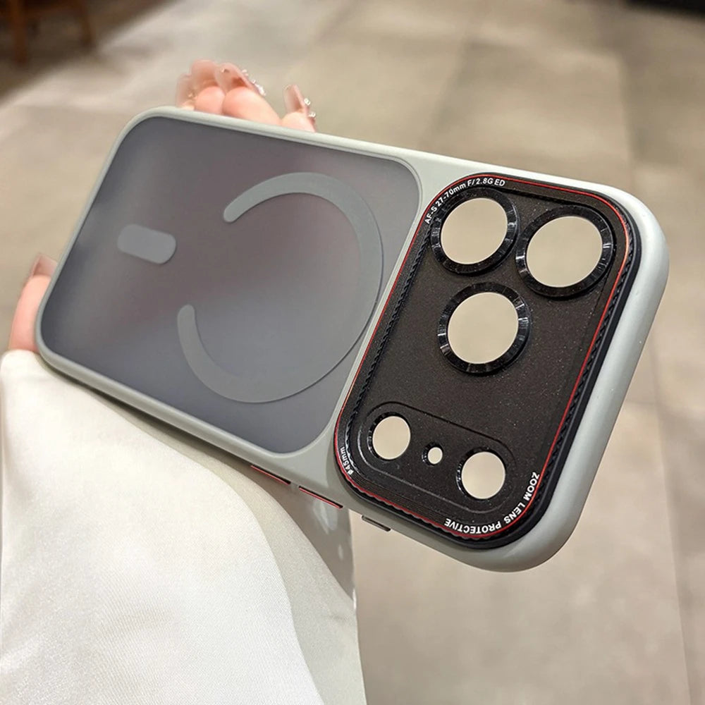 Phone case with camera lens protector held by a person