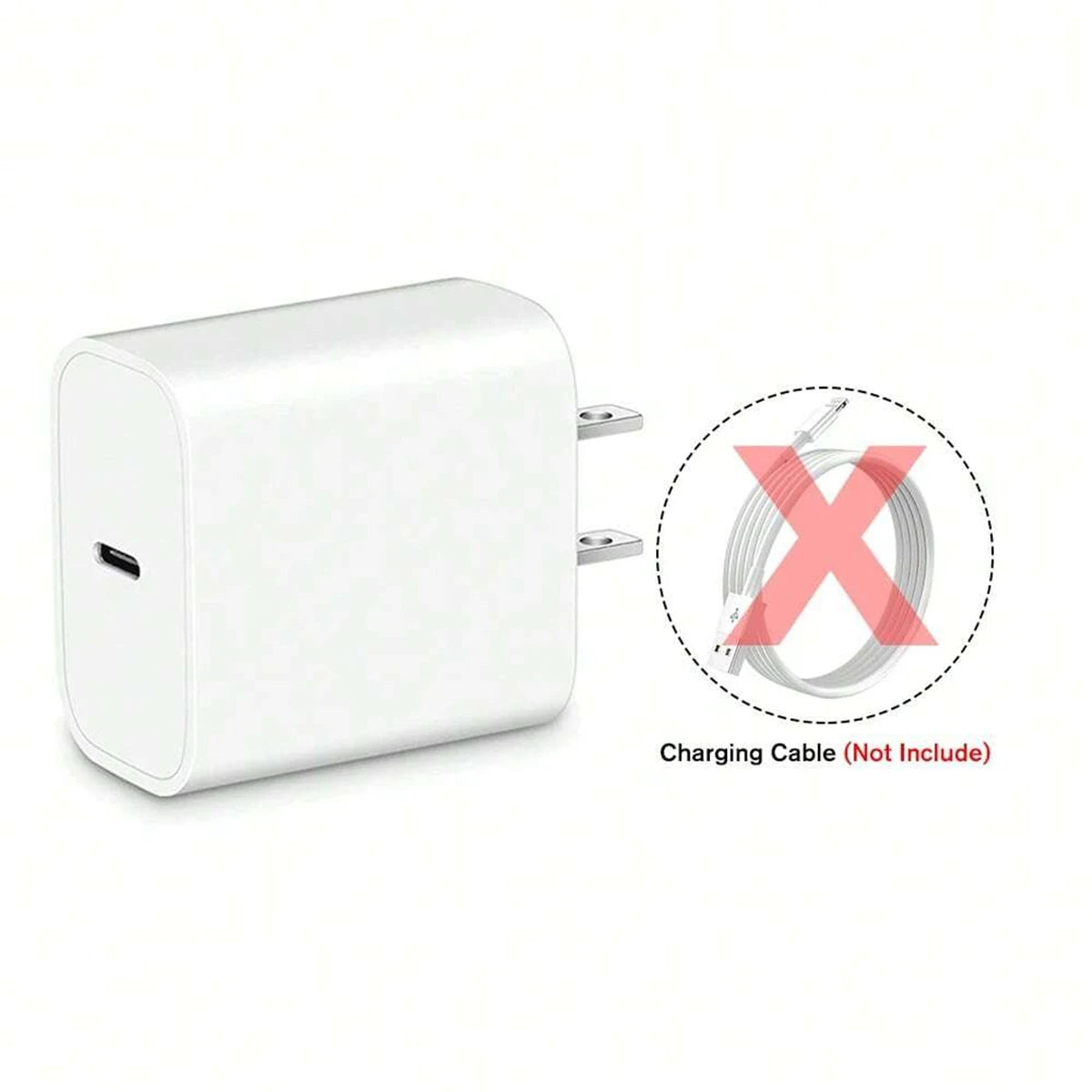 White power adapter with a charging cable icon and text indicating it is not included.