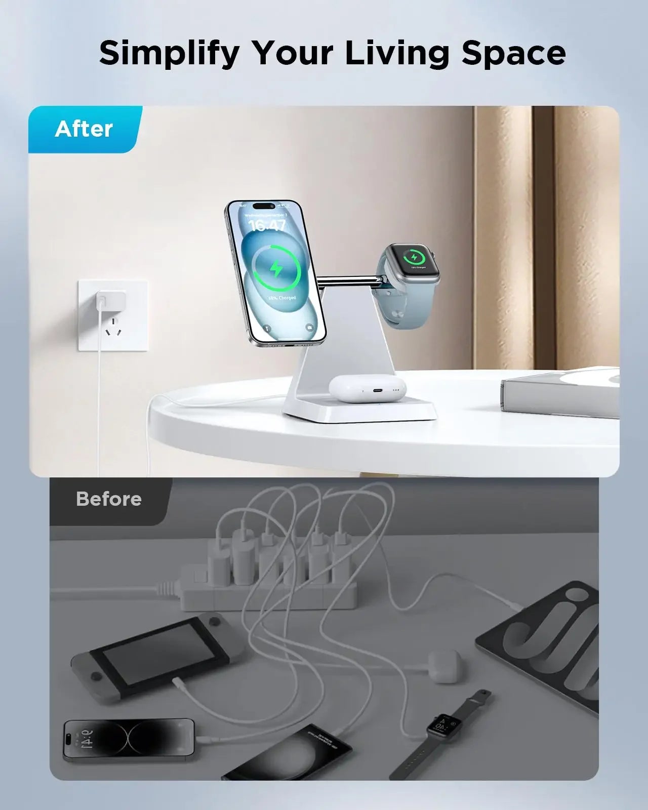 Before and after comparison of a cluttered area with electronic devices and a clean, organized setup with a charging station.