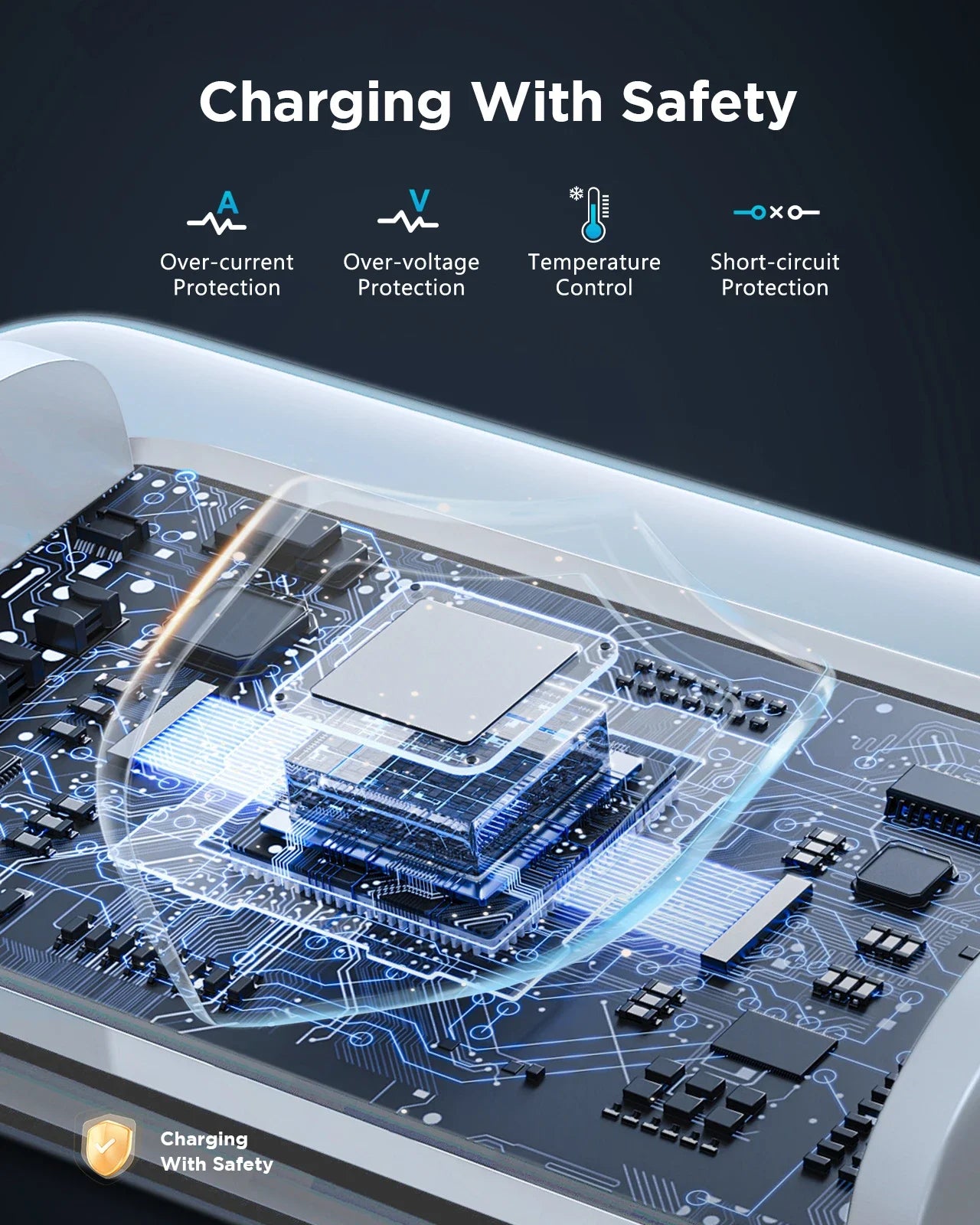 Electronic charging safety features with circuit board and glowing elements on a dark background