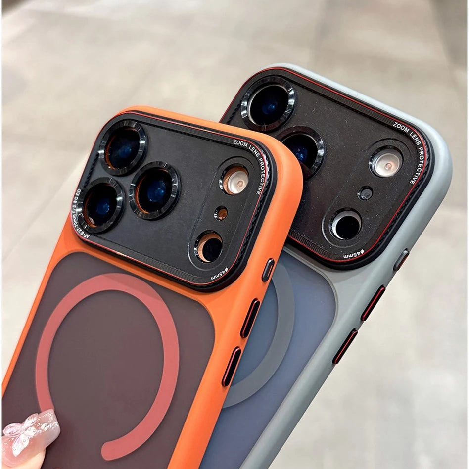 Two phone cases, one orange and one gray, on a light background