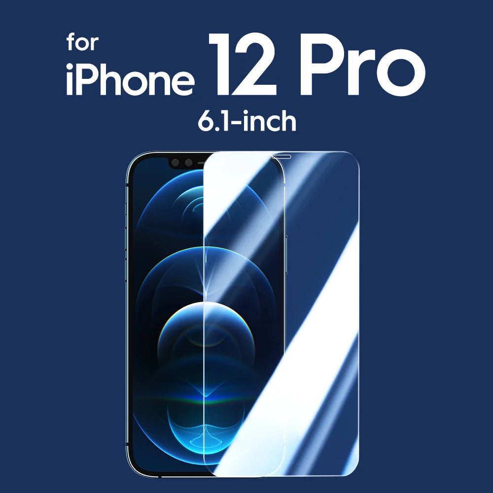 Screen protector for iPhone 12 Pro with text indicating screen size on a blue background
