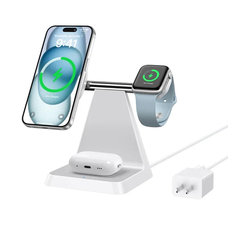 White multi-device charging stand with smartphone, smartwatch, and wireless earbuds on a white background