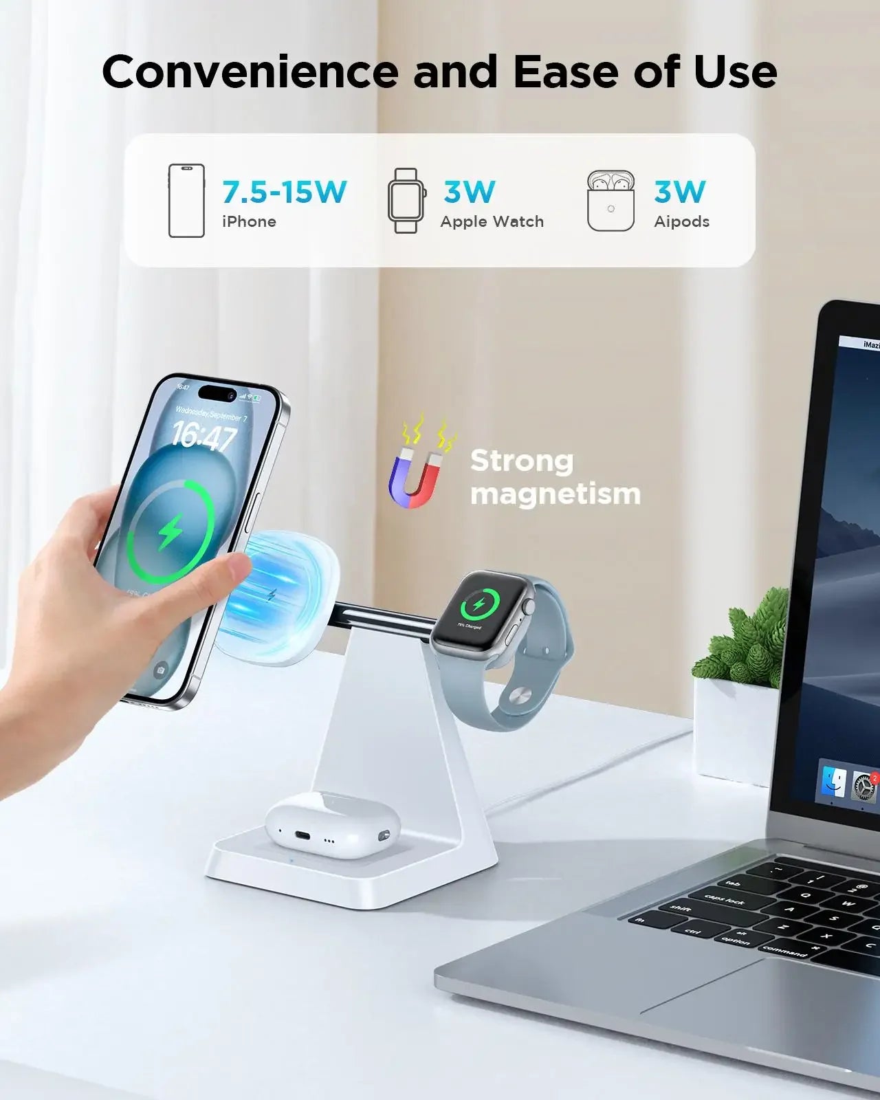Multi-device charging stand with smartphone, Apple Watch, and AirPods on a desk with laptop.