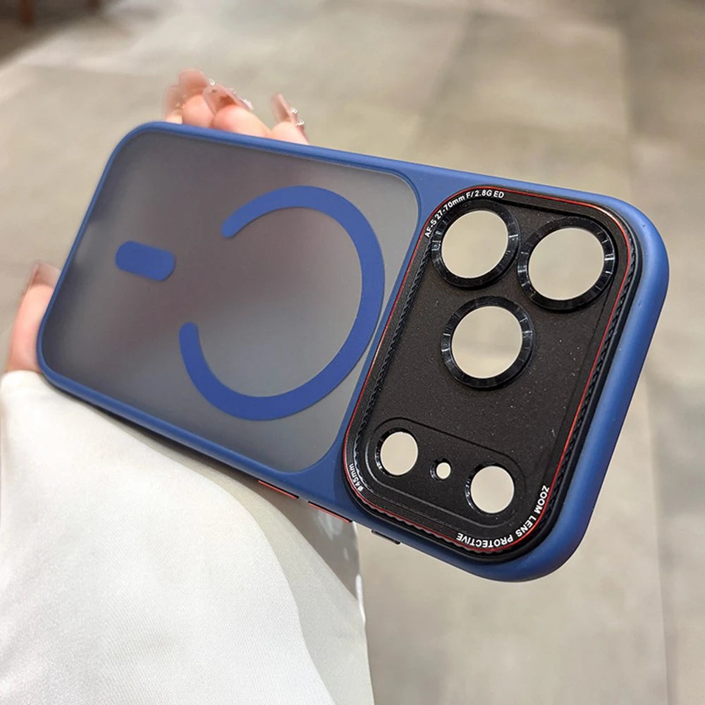 Phone case with camera lens protector held by a person