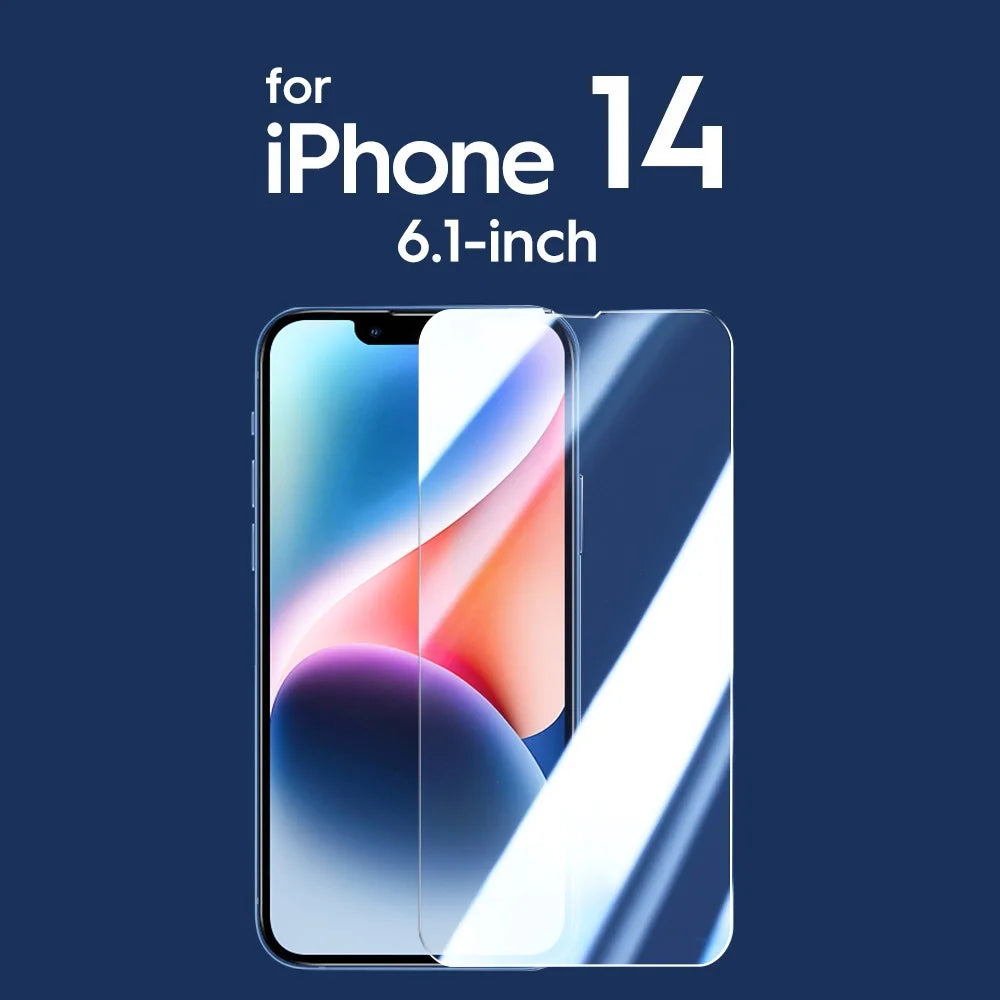 Screen protector for iPhone 14 with 6.1-inch display on a blue background