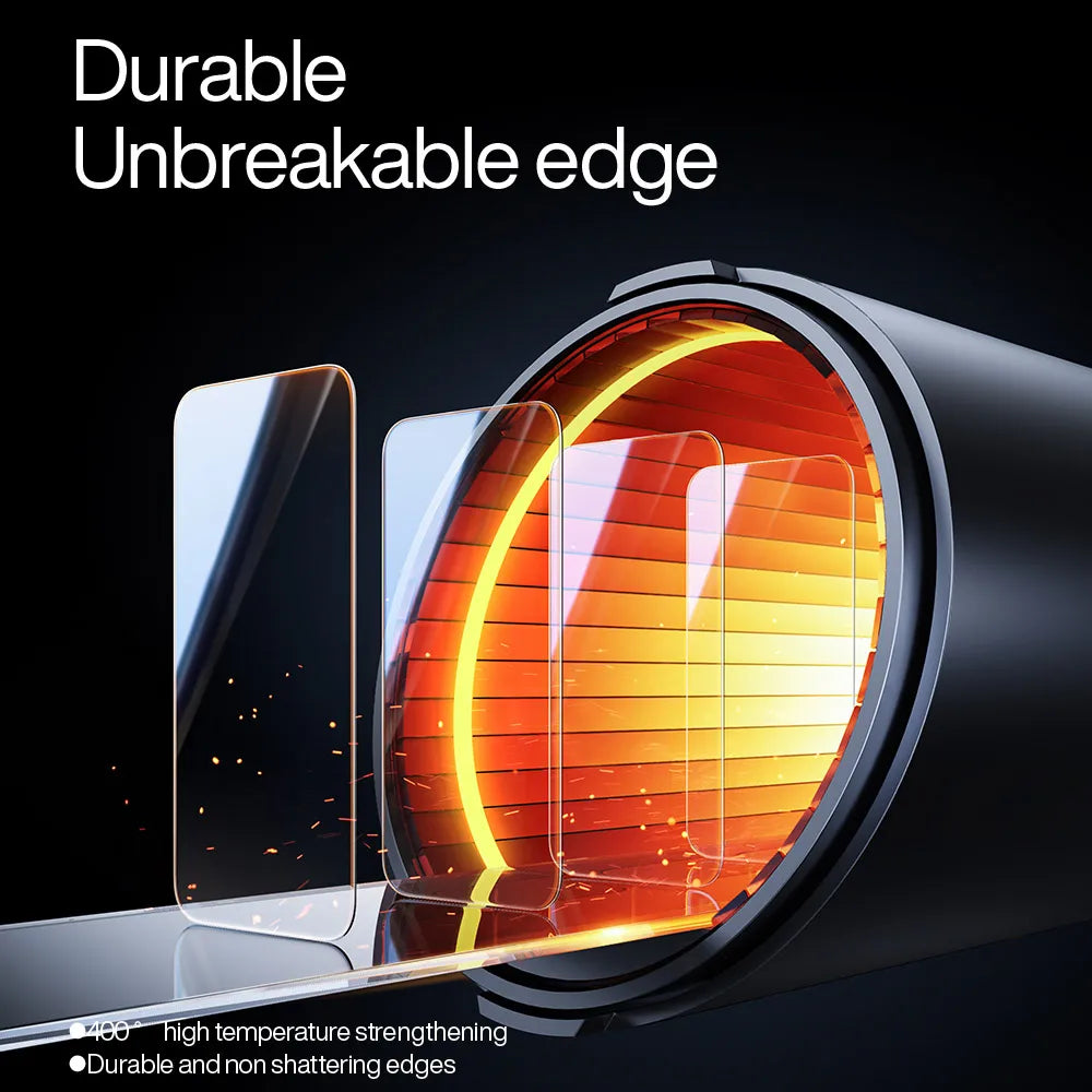 Smartphone screen protector with durable unbreakable edge feature on a dark background