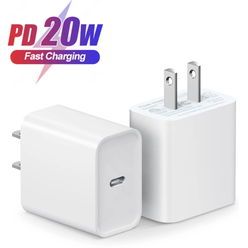 White power adapter with USB-C port and 'PD 20W Fast Charging' label on a white background