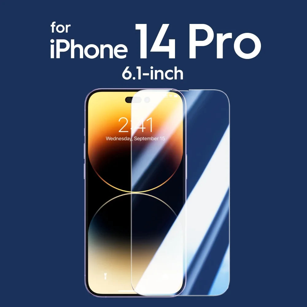Screen protector for iPhone 14 Pro with 6.1-inch display on a blue background