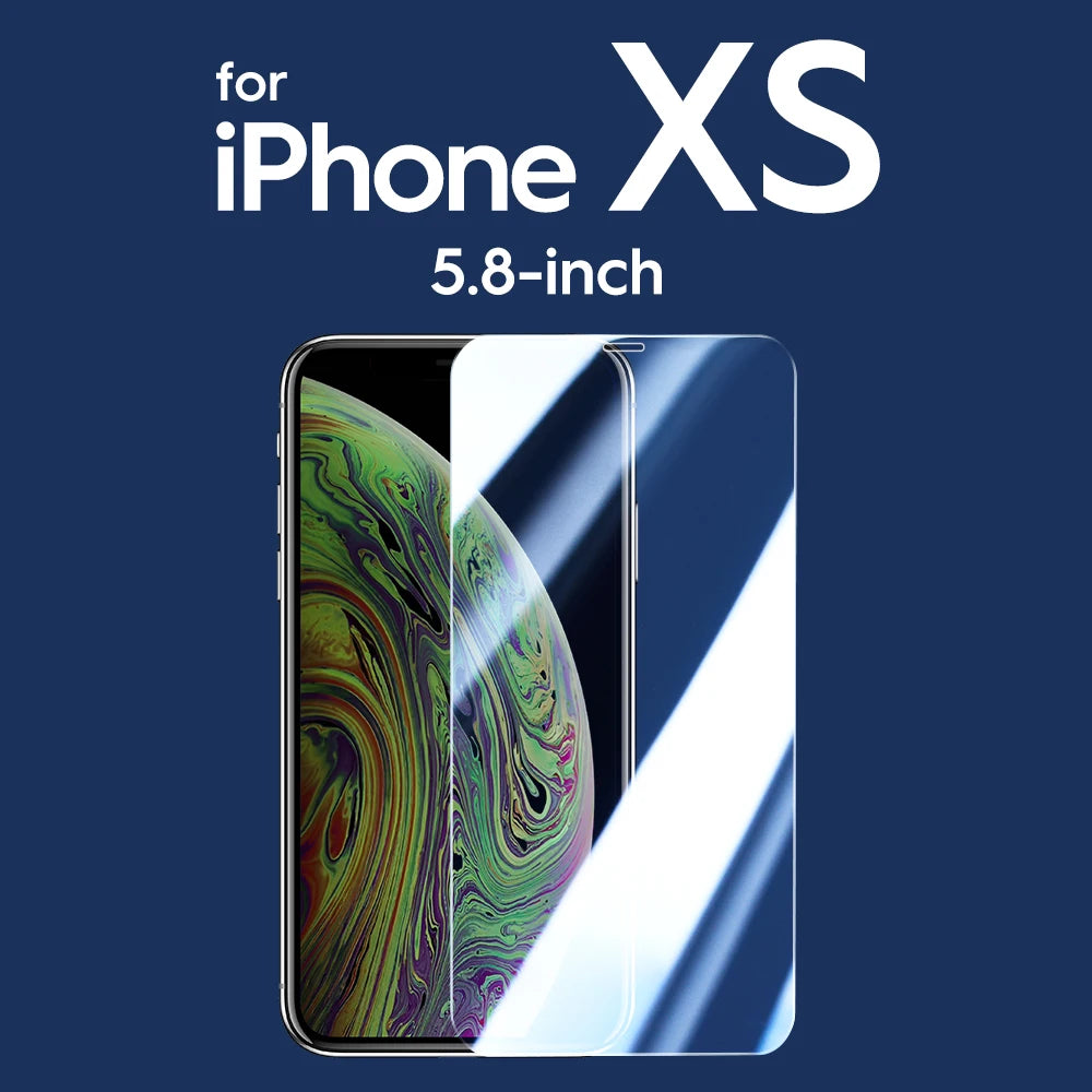 Screen protector for iPhone XS with 5.8-inch display on a blue background