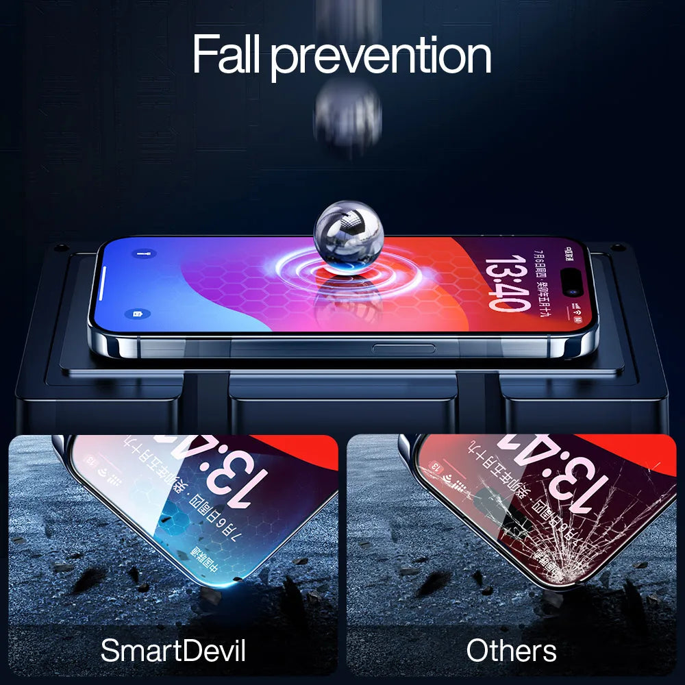 Smartphone with protective case demonstrating fall prevention feature, labeled 'SmartDevil' compared to 'Others'.