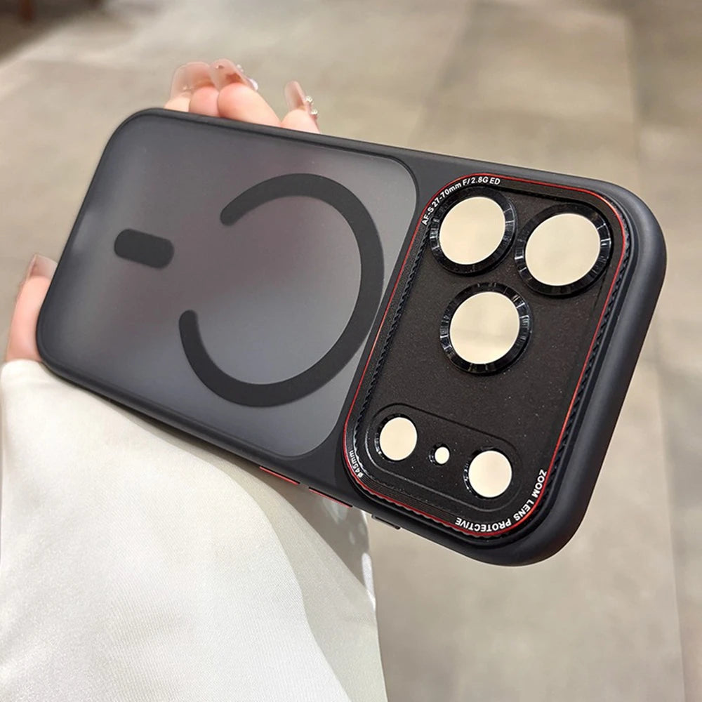 Phone case with camera lens protector held by a person