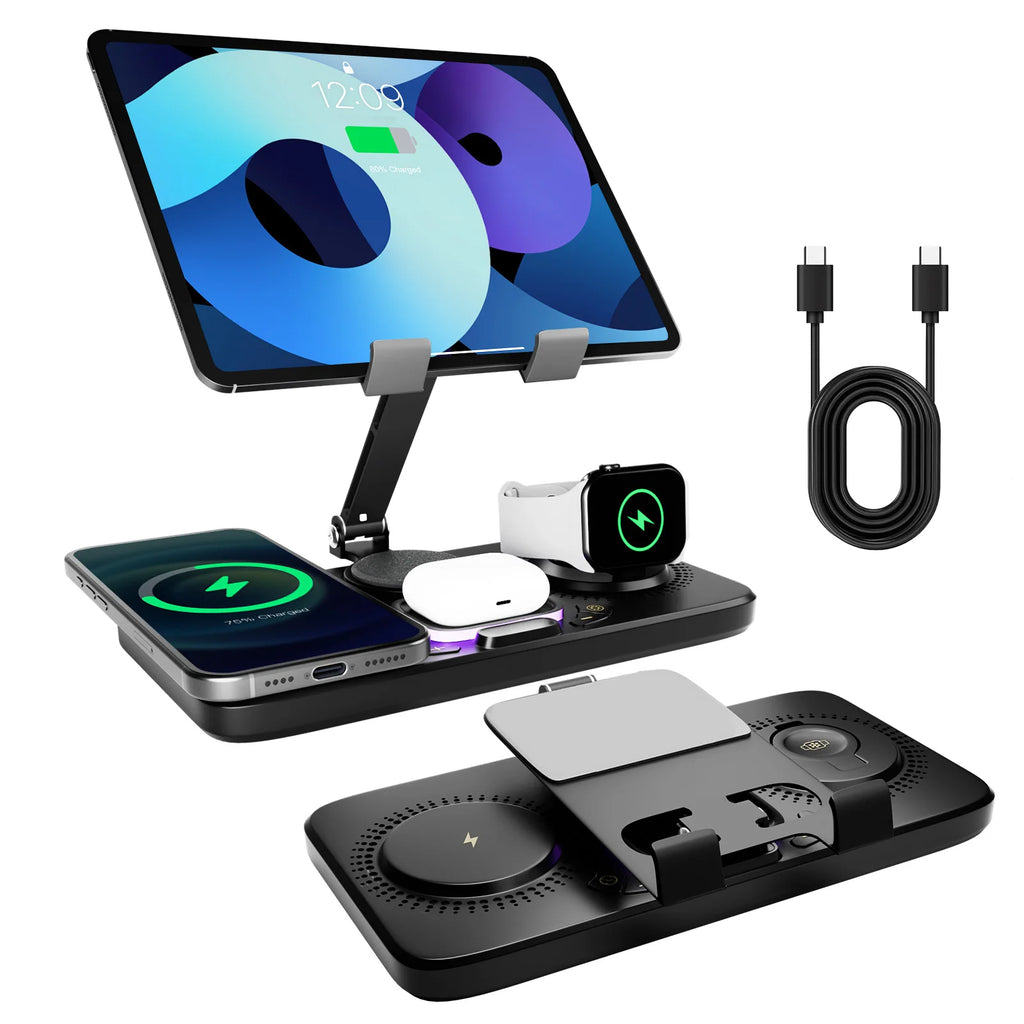 Multi-device charging station with tablet, phone, smartwatch, and cable on a white background