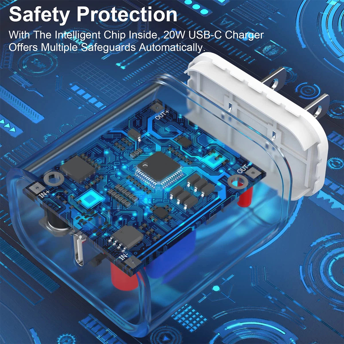 20W USB-C charger with safety protection features on a blue technical background