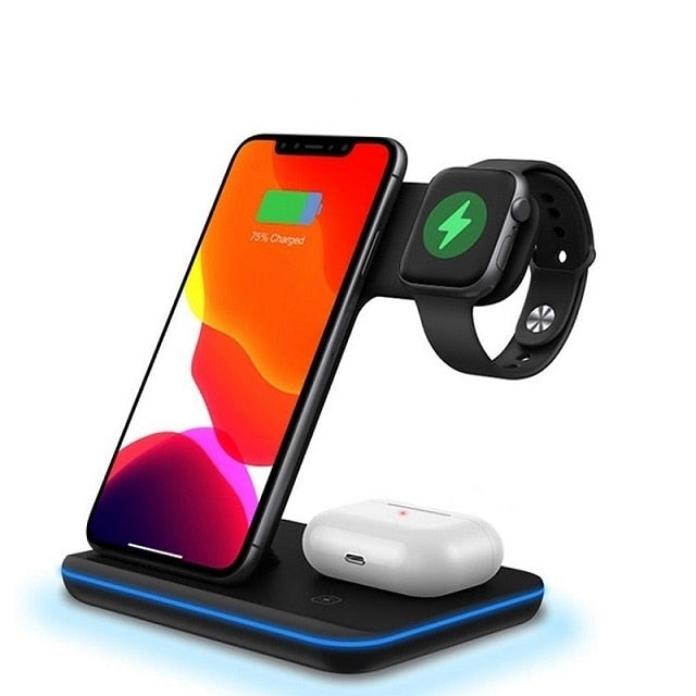 black 3 in 1 15W Qi Fast Wireless Charger Pad Dock Station additional image